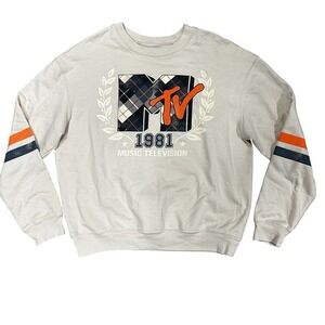 MTV Crewneck Sweatshirt‎ MTV logo Distressed Cream,Orange,Navy 1981 Music TV EUC